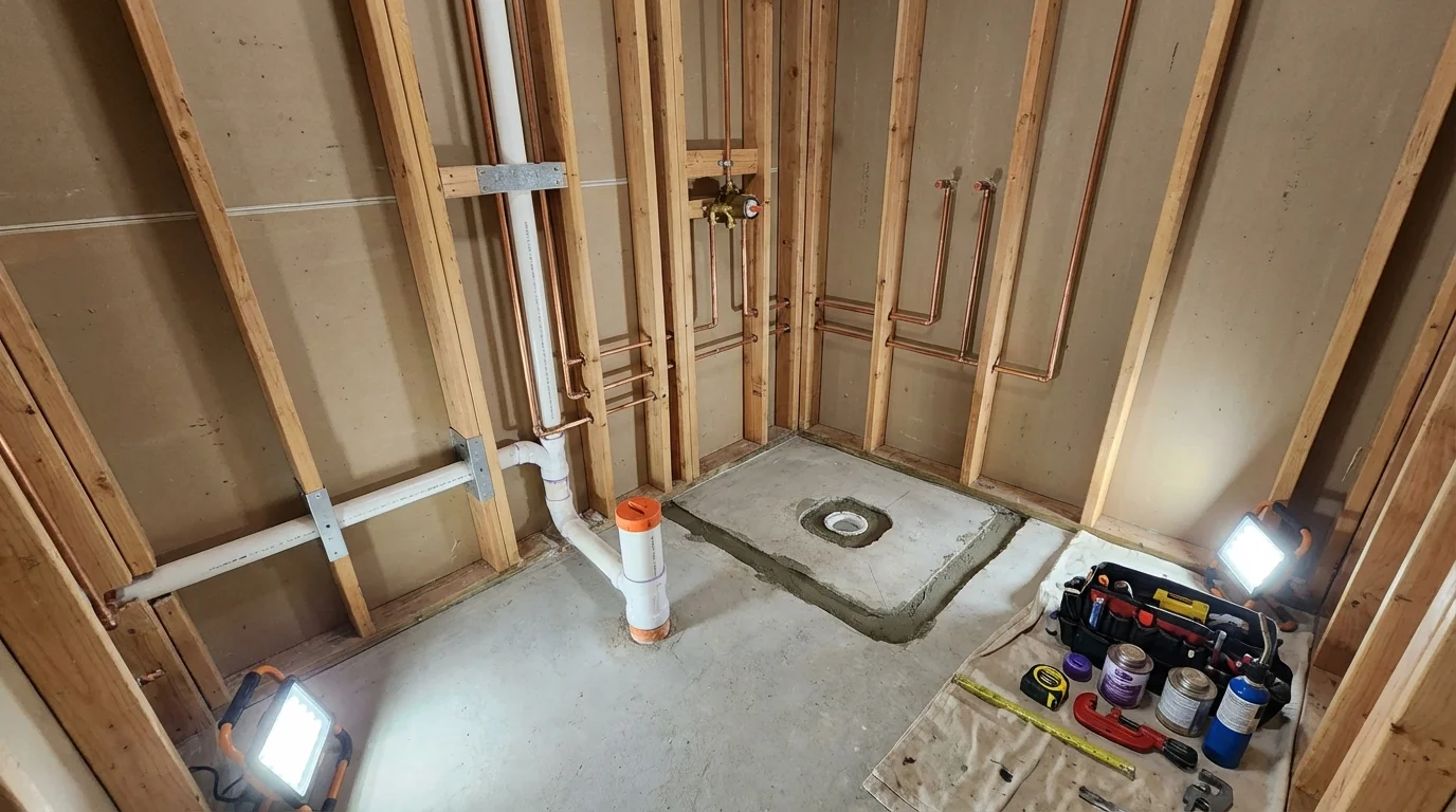 Bathroom rough-in plumbing during remodel by Johns Plumbing LLC in Myrtle Creek