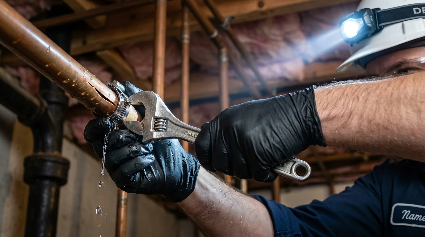 Emergency pipe clamp repair being performed by a Johns Plumbing LLC plumber in Myrtle Creek