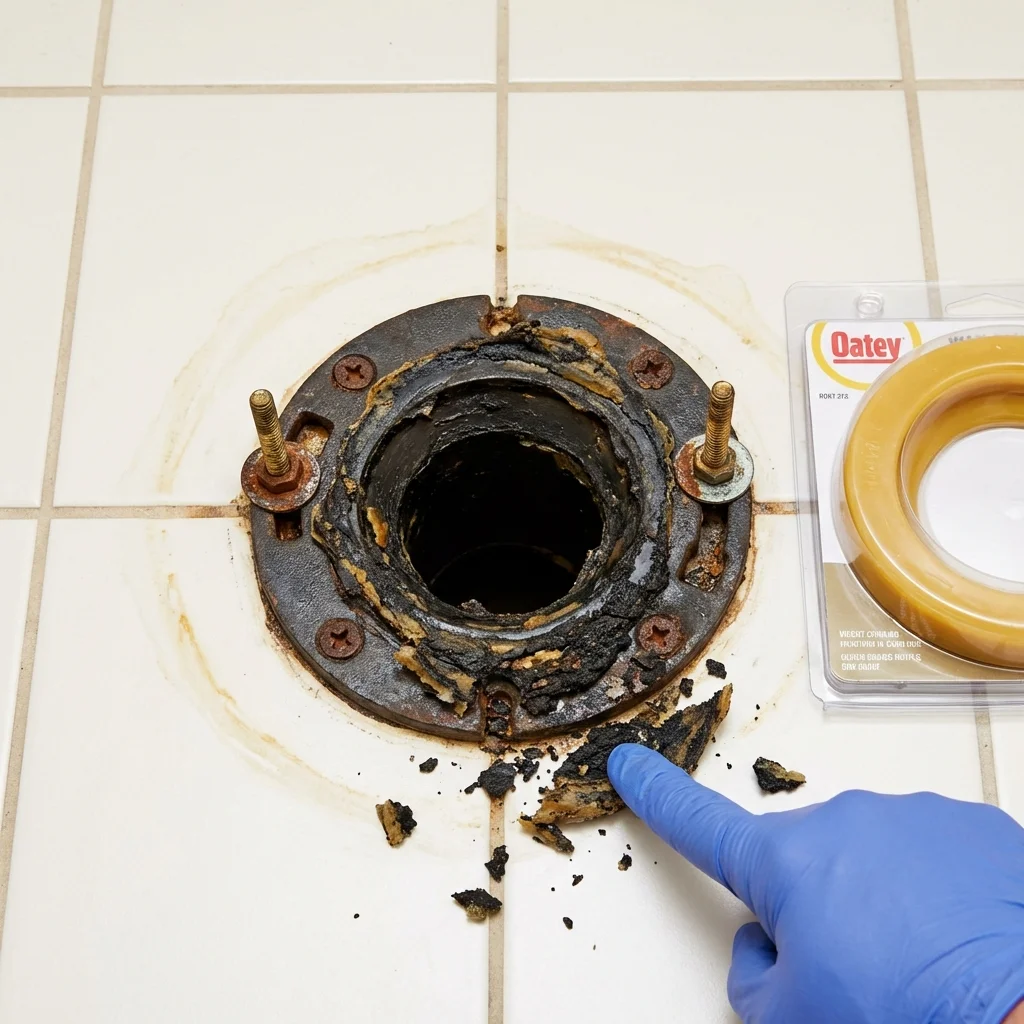 Failed wax ring showing water seepage at the base of a toilet in a Myrtle Creek, OR home