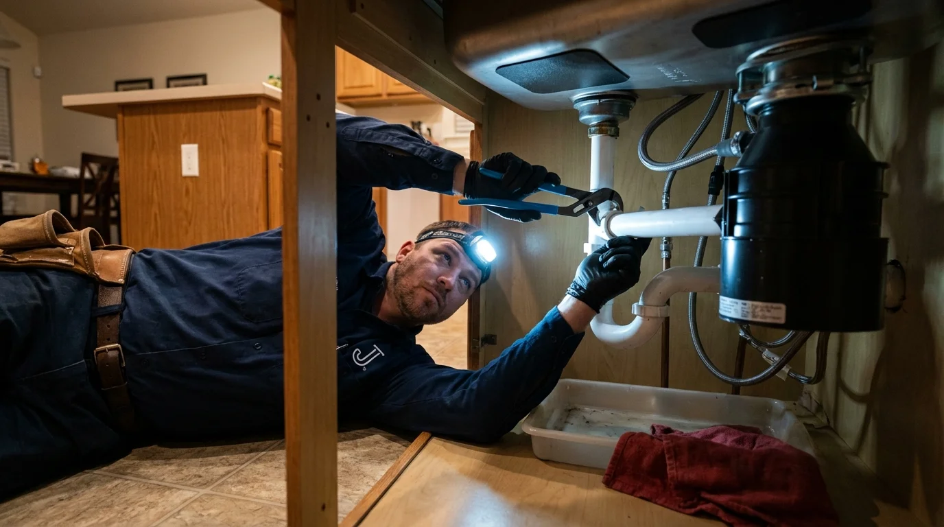 P-trap and supply line connections under a kitchen sink showing a common leak point in Myrtle Creek, OR